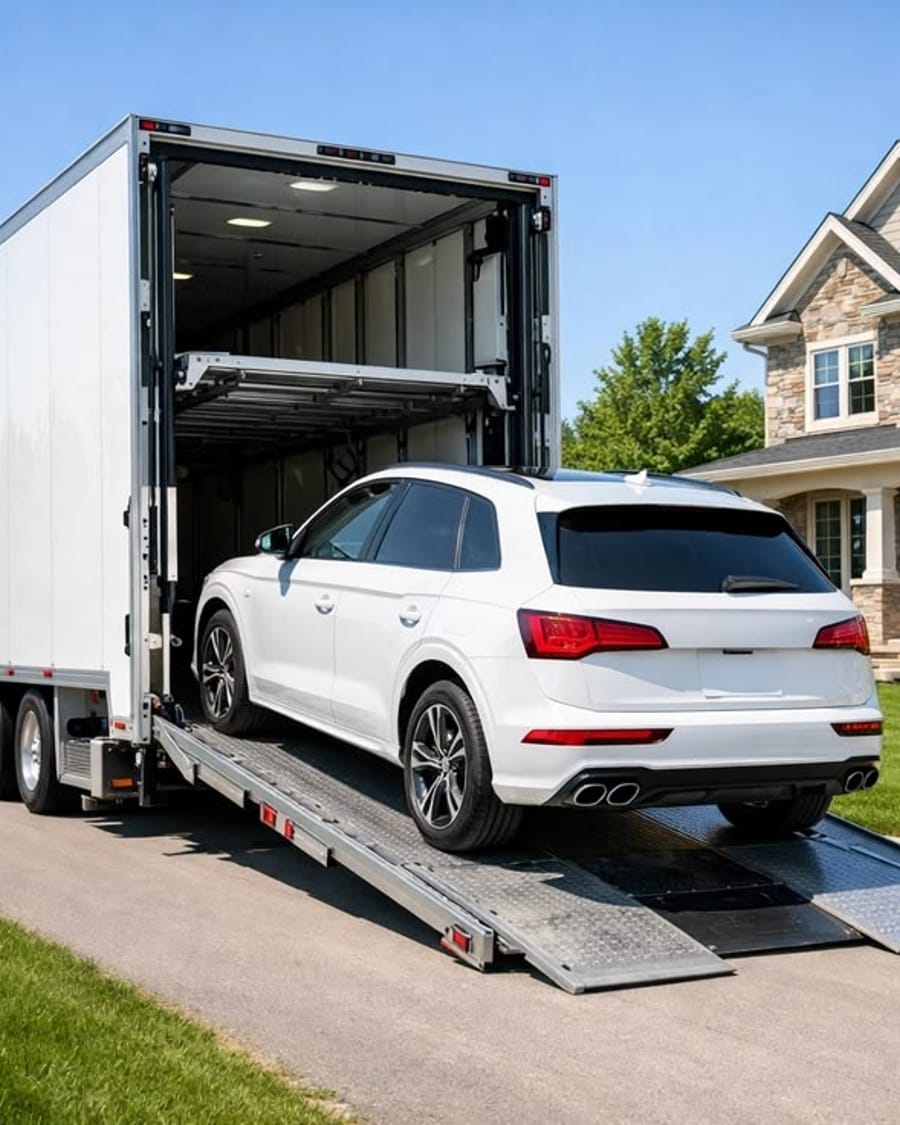 Luxury sports car shipped in fully enclosed transport