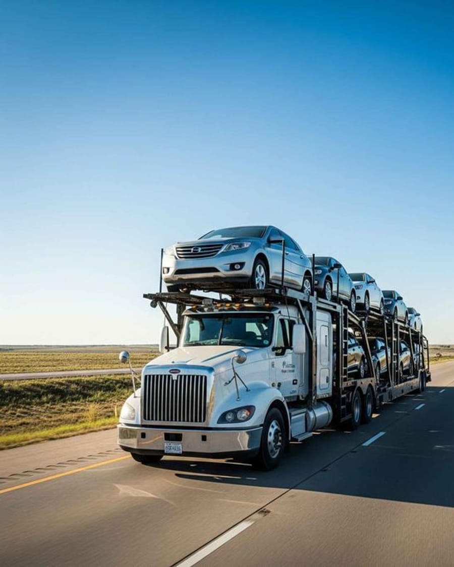Auto-transport hauler carrying vehicles on the highway